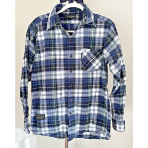 THE VERMONT FLANNEL CO Plaid Shirt USA Made Blue Green Mens Large Excellent!